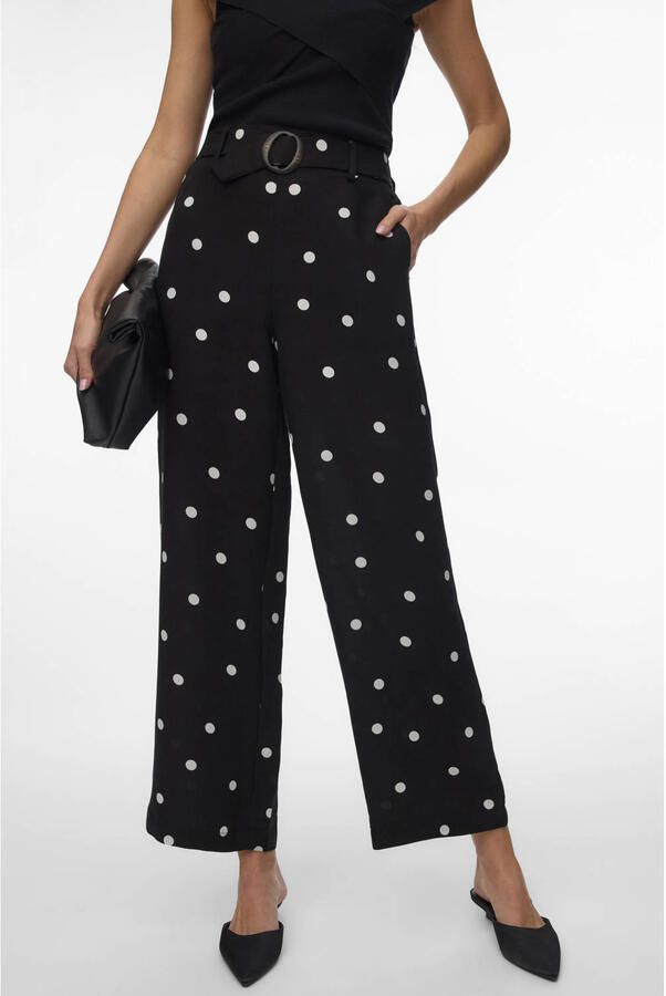 VERO MODA wide leg high waist casual broek met stippen zwart