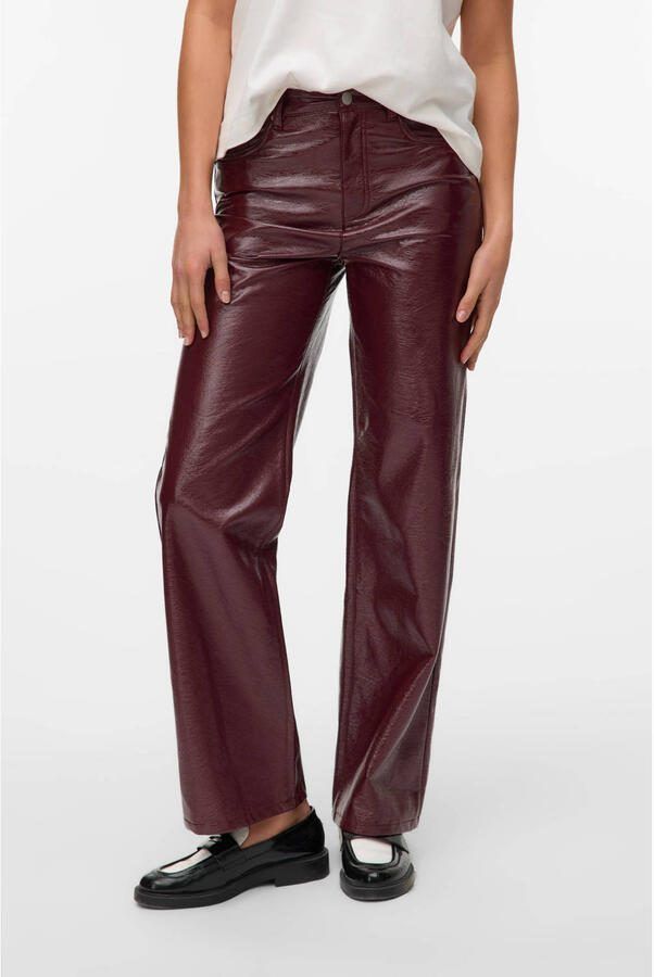 VERO MODA wide leg high waist coated broek donkerrood