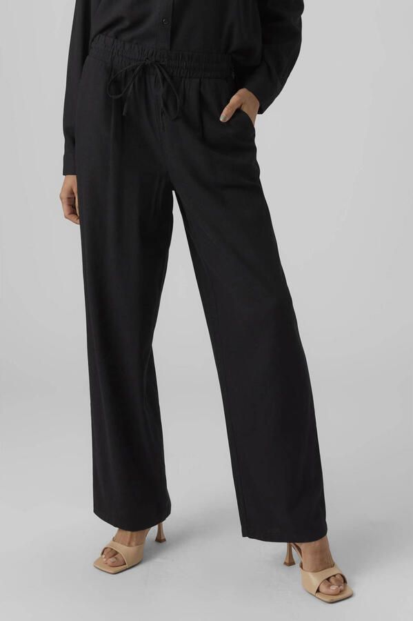 Vero Moda Broek van veen mix van viscose en linnen met wijde pijpen en elastische band - Foto 2