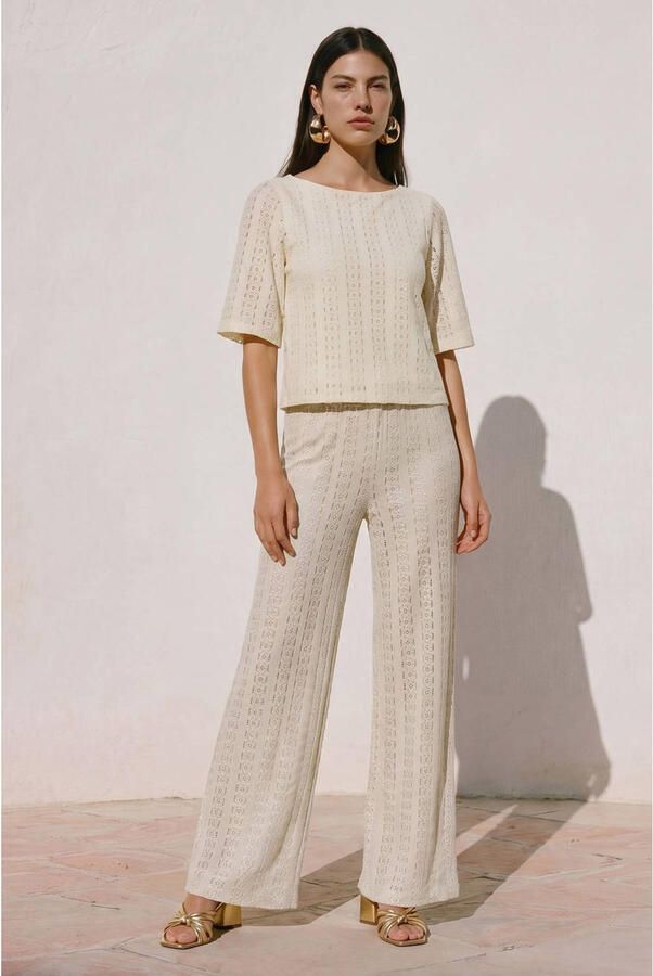 VERO MODA wide leg regular waist casual broek broderie ecru