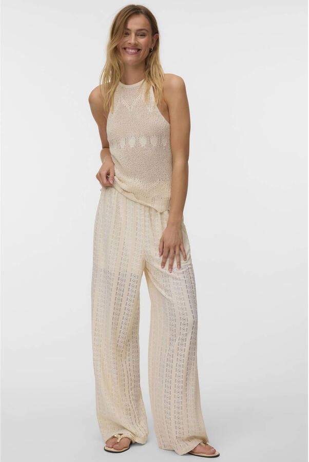 VERO MODA wide leg regular waist casual broek broderie ecru