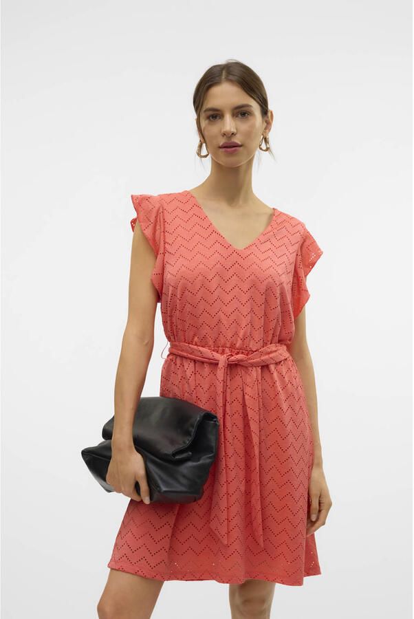 VERO MODA zomerjurk broderie koraalrood - Foto 3