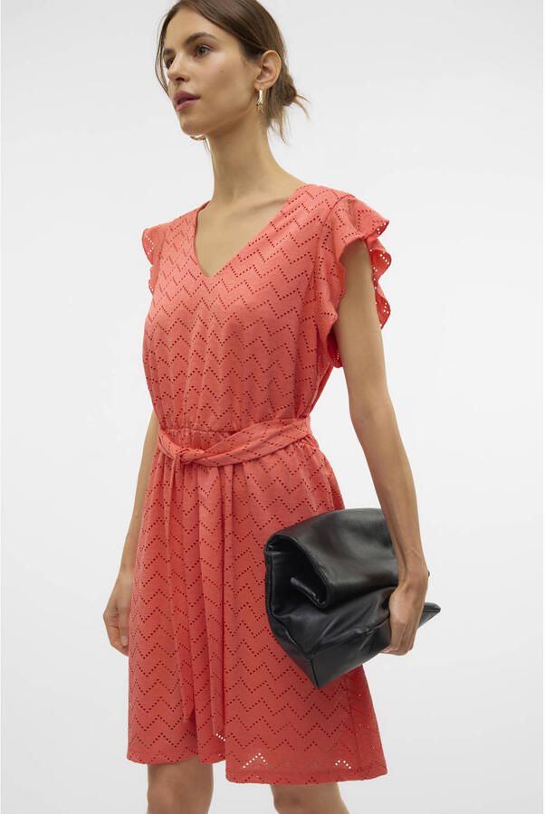 VERO MODA zomerjurk broderie koraalrood