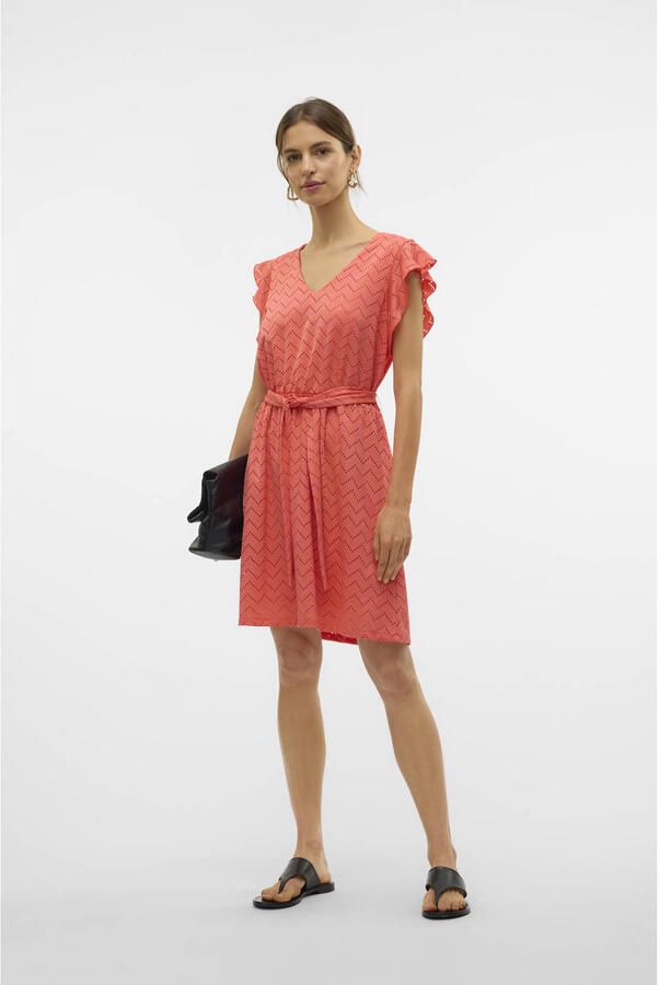 VERO MODA zomerjurk broderie koraalrood - Foto 2