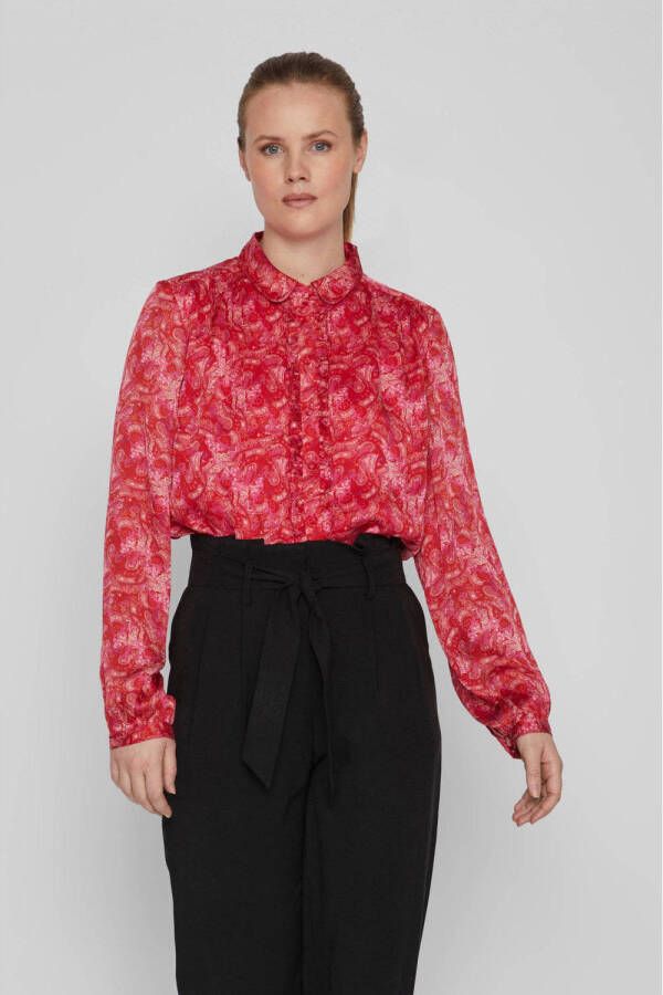 VILA blouse YLA met paisleyprint en ruches roze rood