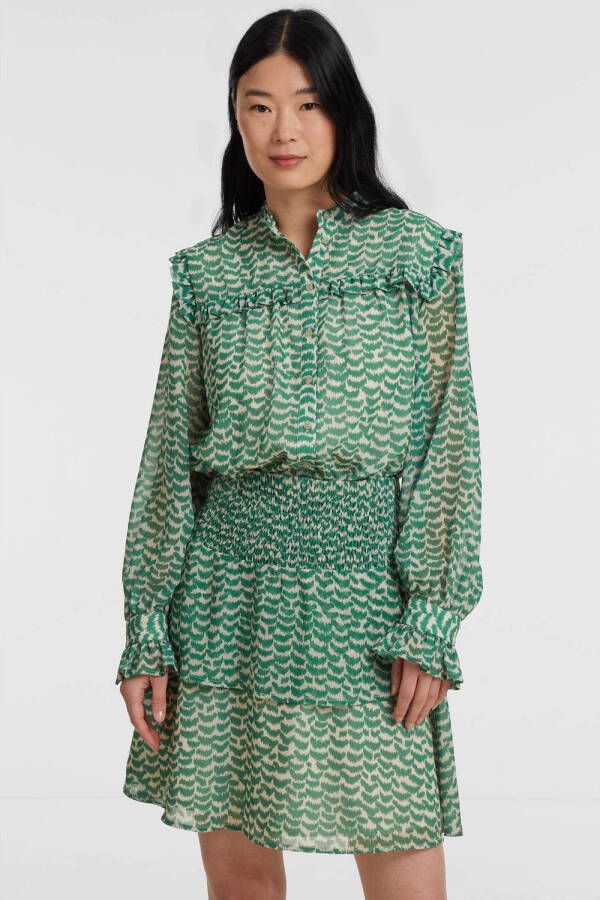 VILA geweven blouse VITANIA met all over print en ruches groen ecru