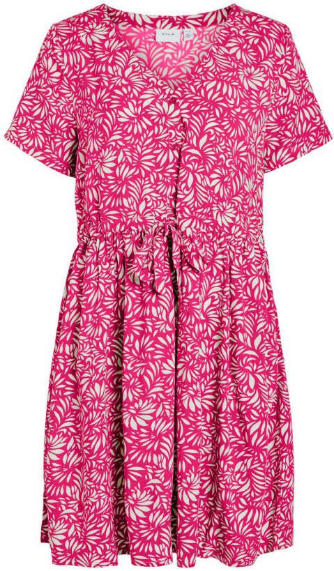 VILA jurk VILISE met all over print en plooien roze offwhite