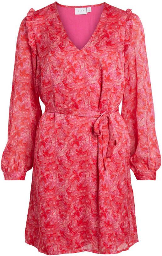 VILA jurk YLA met paisleyprint en ruches roze rood