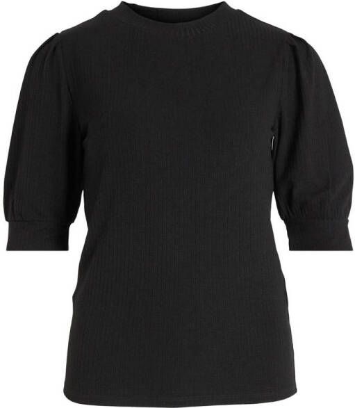 VILA ribgebreide top VIFELIA van gerecycled polyester zwart