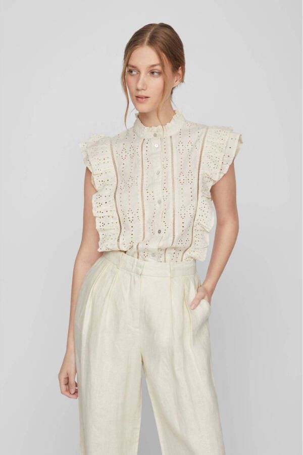 VILA Rouge by blouse VICORA met ruches met broderie offwhite