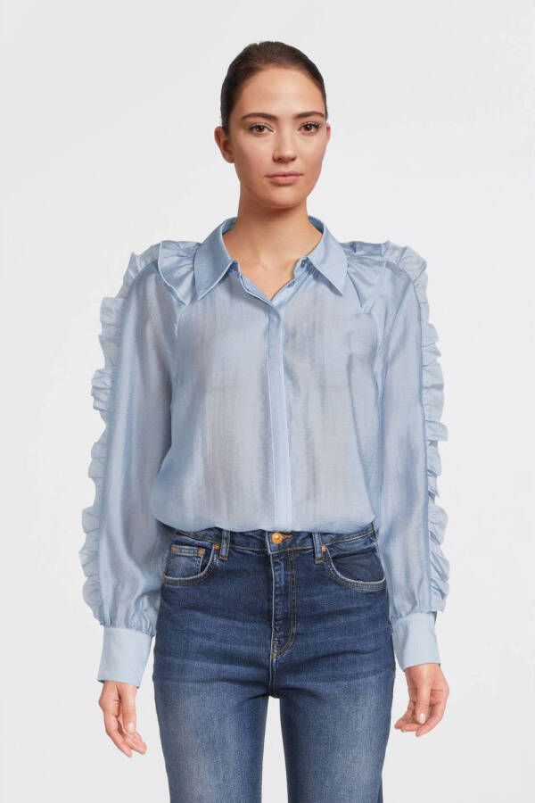 VILA Rouge by geweven blouse VITENNE met ruches blauw