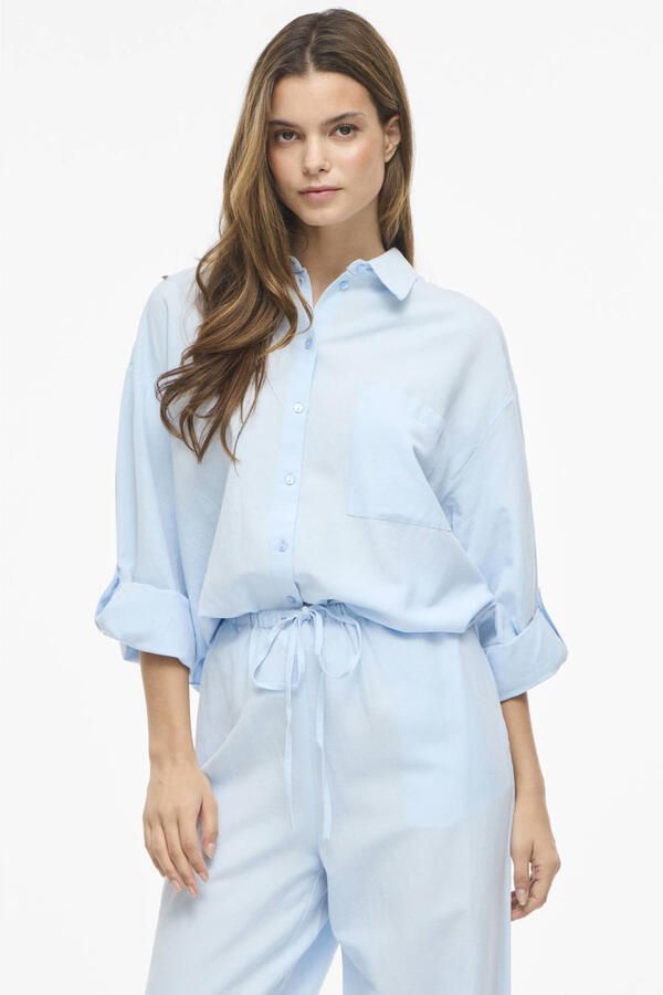 VILA blouse met linnen lichtblauw