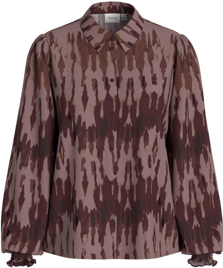 VILA blouse met ruches print en linnen donkerrood