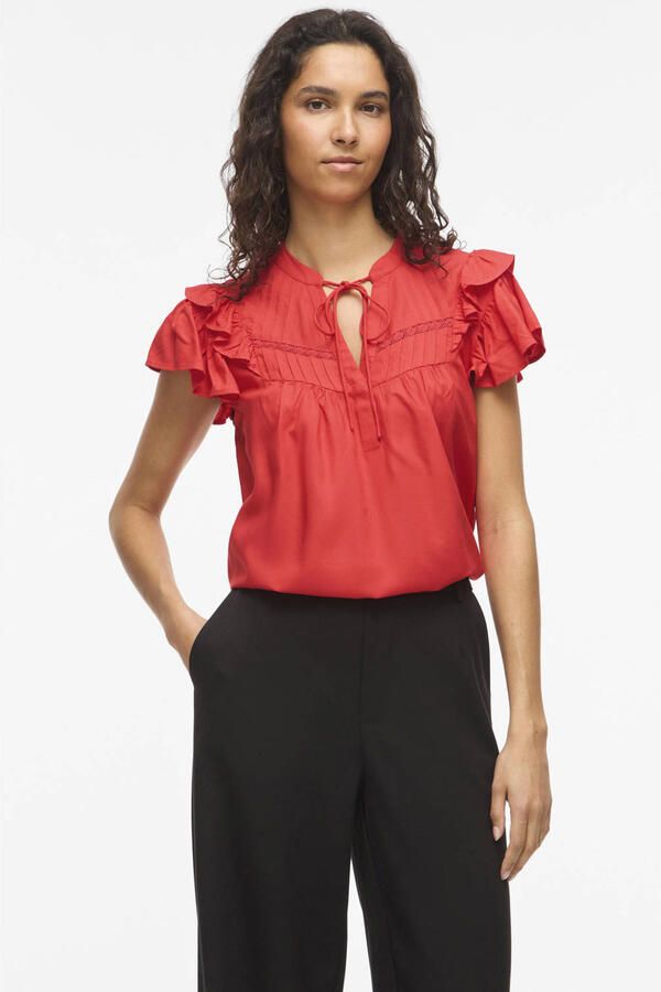 VILA broderie top met ruches rood