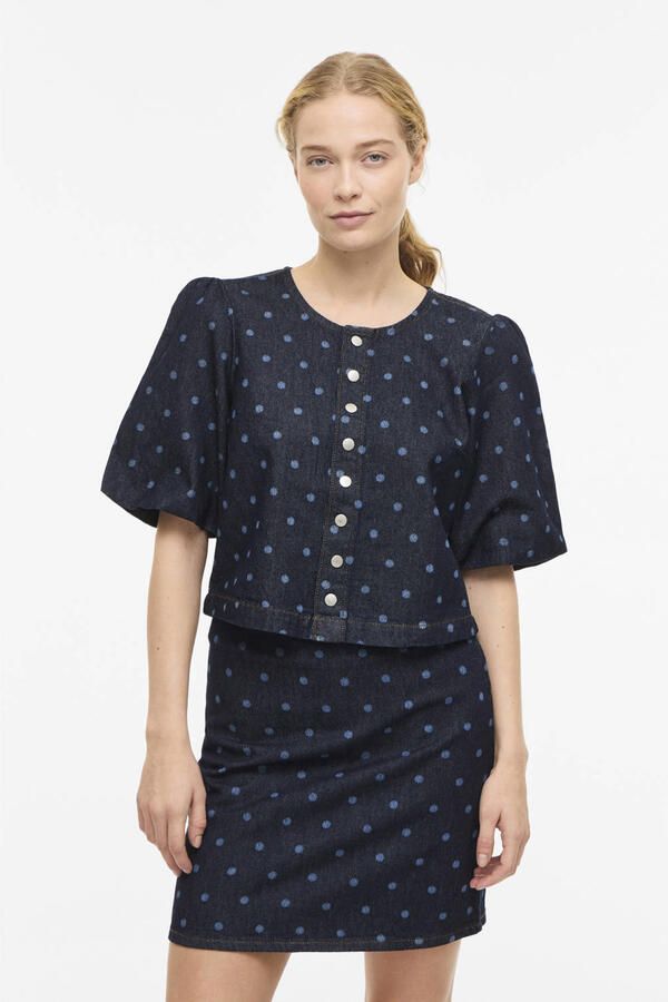 VILA denim gebloemde blouse dark blue denim