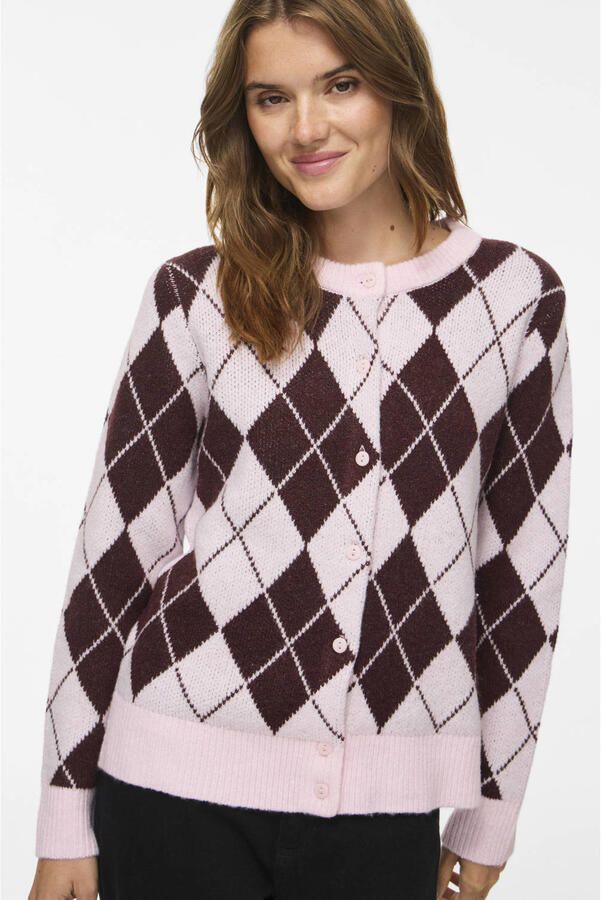VILA gebreid geruit jacquard vest lichtroze donkerrood