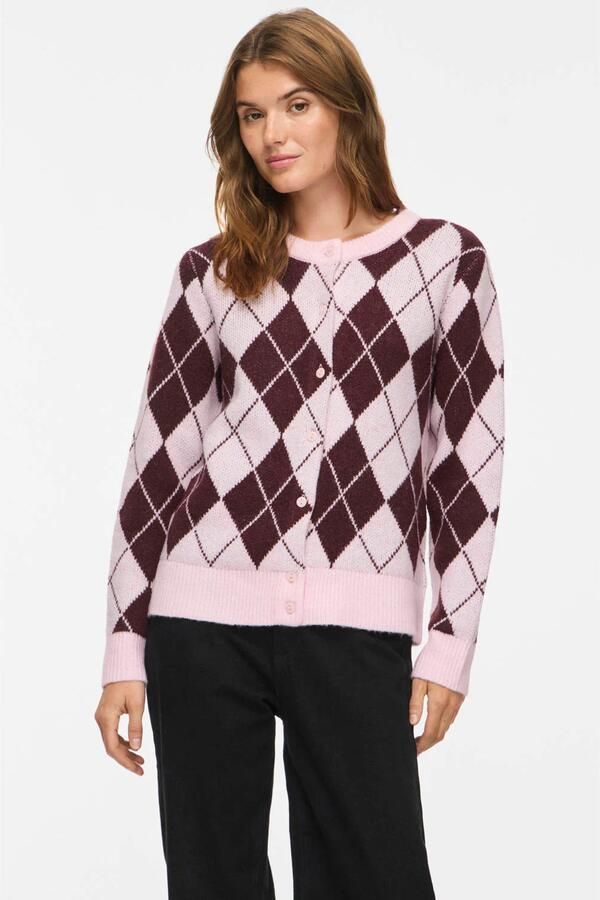VILA gebreid geruit jacquard vest lichtroze donkerrood - Foto 3