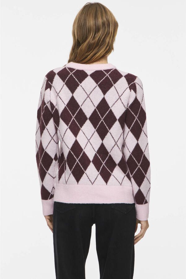 VILA gebreid geruit jacquard vest lichtroze donkerrood - Foto 2