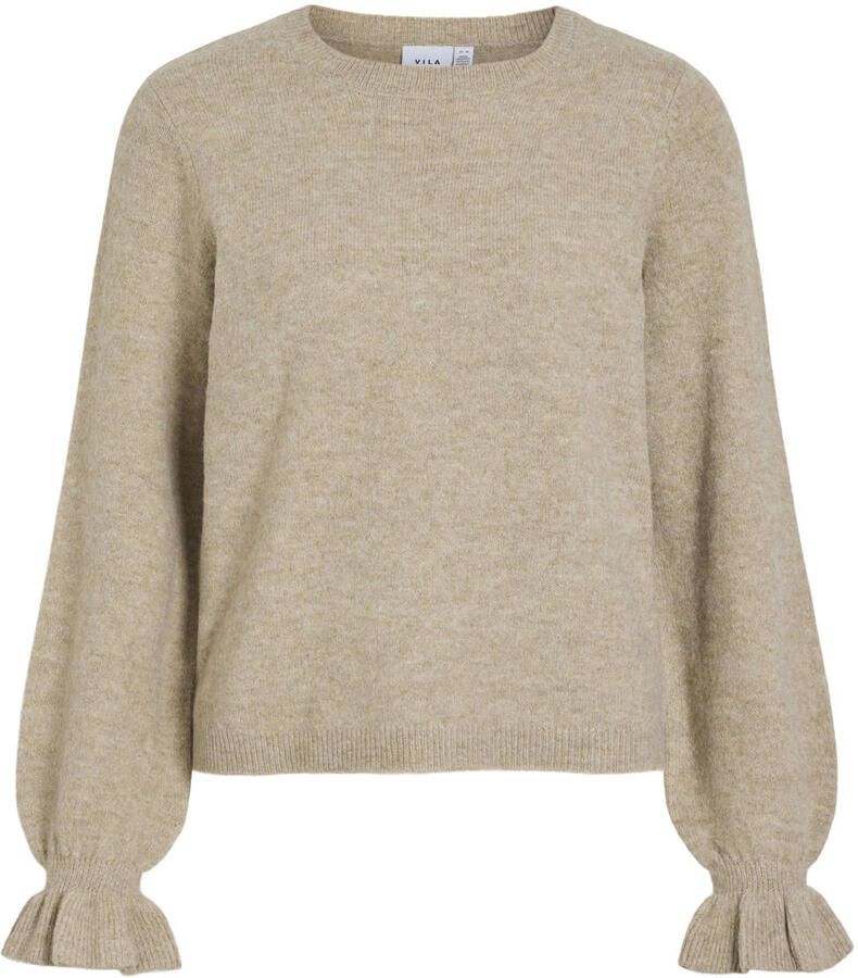 VILA gebreide gemêleerde trui met ruches beige