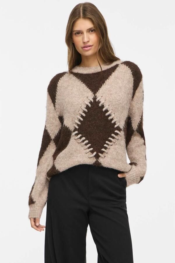 VILA gebreide geruite jacquard trui ecru bruin