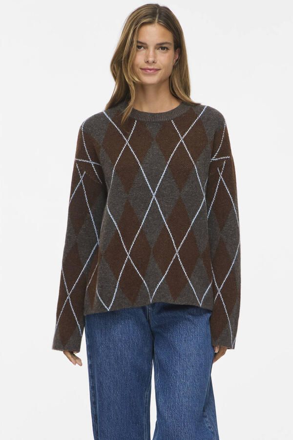 VILA gebreide geruite jacquard trui grijs donkerbruin