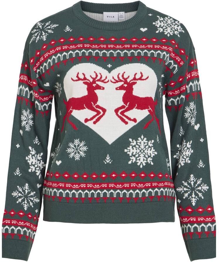 VILA gebreide kersttrui met print donkergroen rood