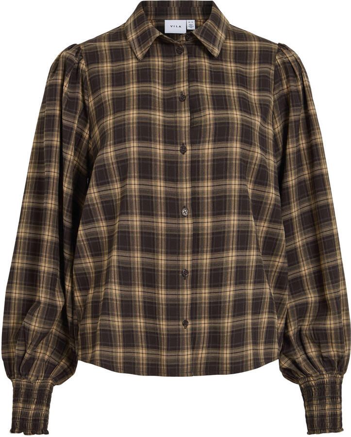 VILA geruite blouse met smockwerk bruin