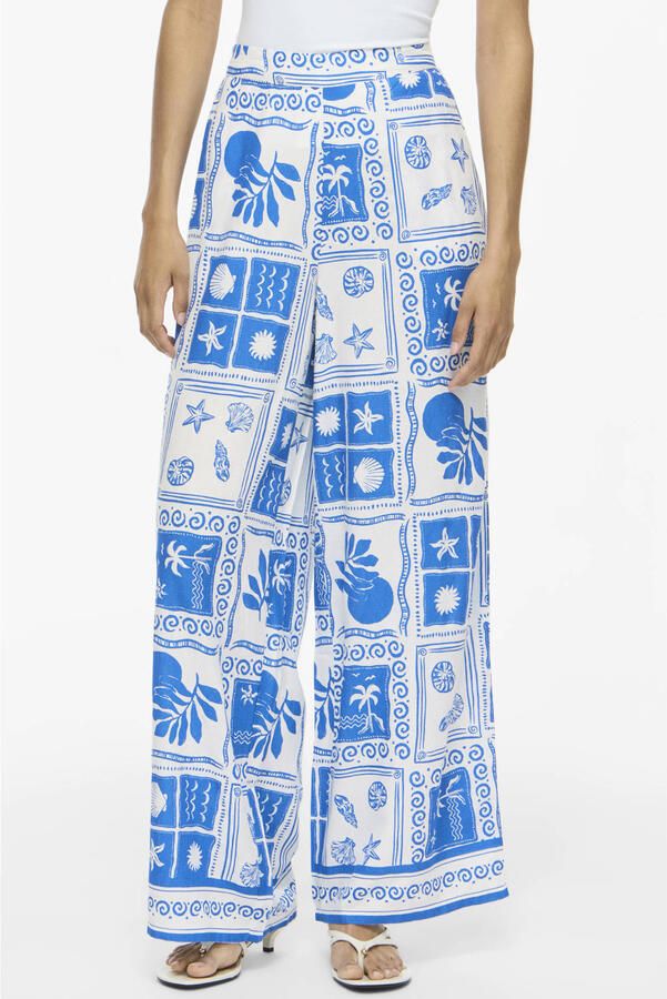 VILA high wide leg broek met print blauw