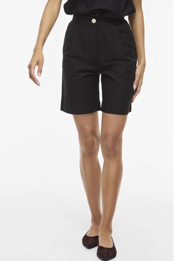 VILA high waist bermuda short met linnen zwart