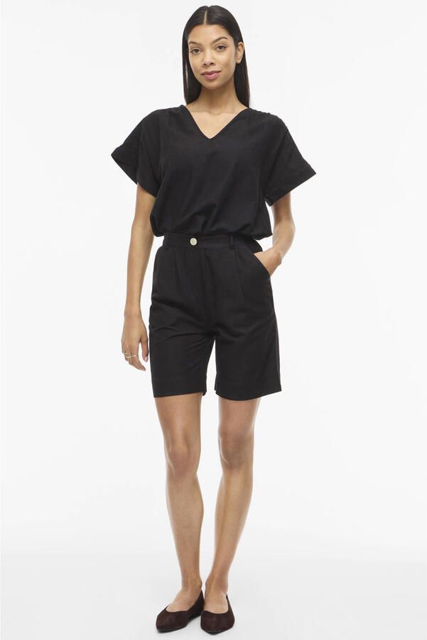 VILA high waist bermuda short met linnen zwart - Foto 3