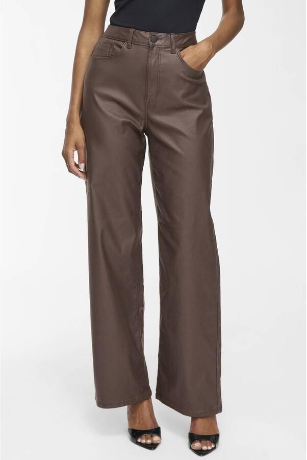 VILA imitatieleren high waist coated broek donkerbruin