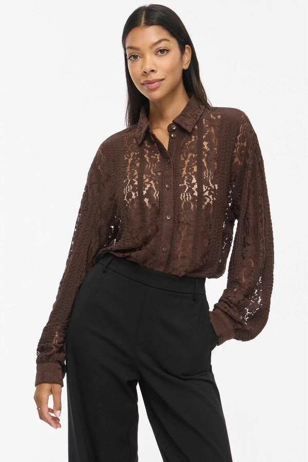 VILA kanten semi-transparante blouse bruin