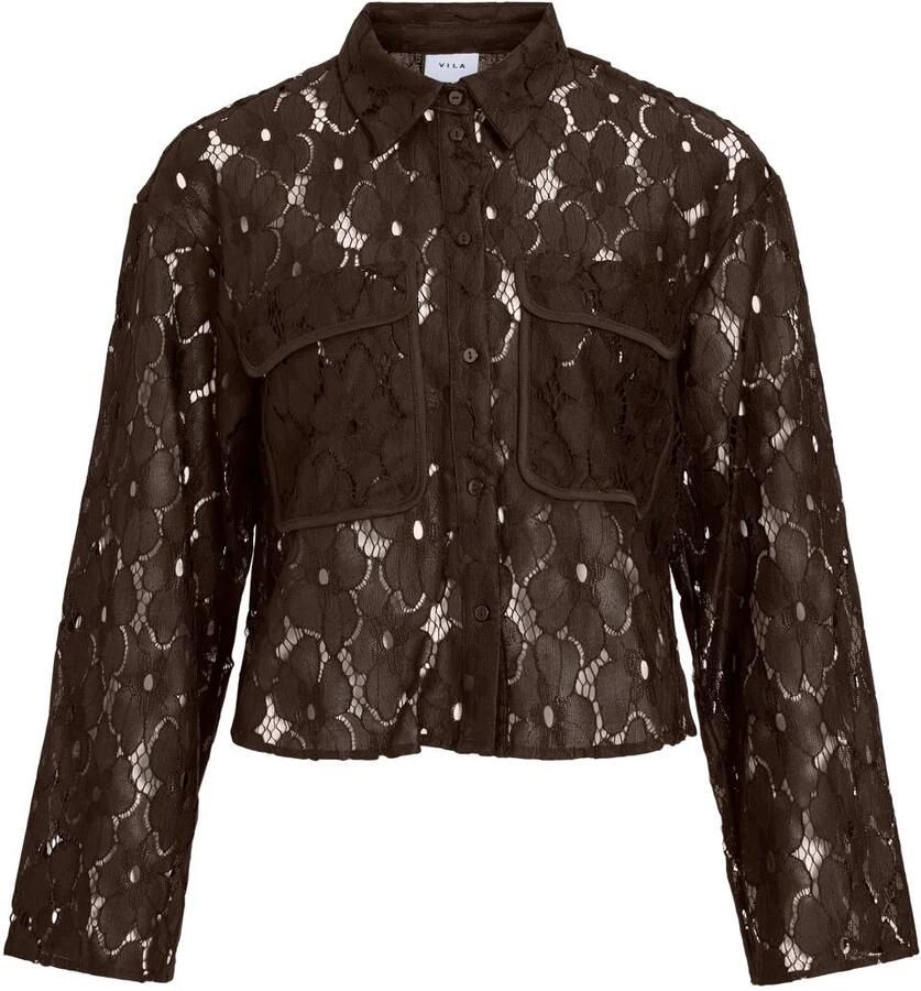 VILA kanten semi-transparante blouse donkerbruin