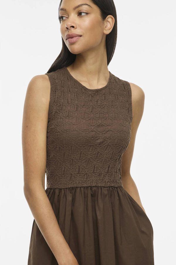 VILA katoenen jacquard midi jurk donkerbruin