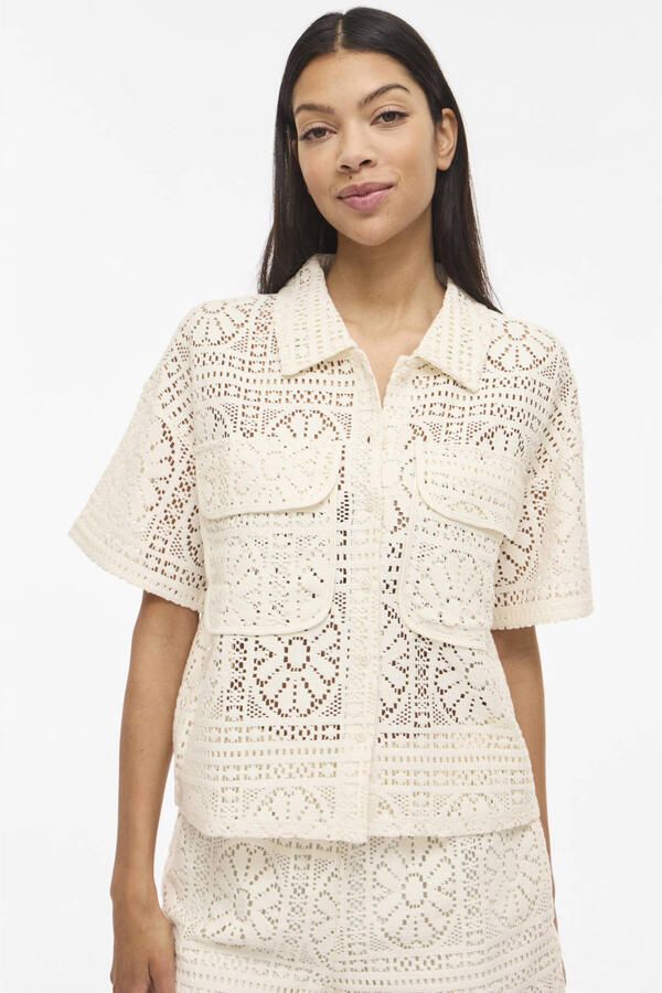 VILA katoenen loose fit blouse met crochet ecru