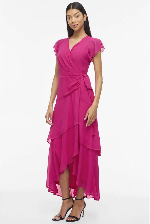 VILA maxi wikkeljurk met volant fuchsia