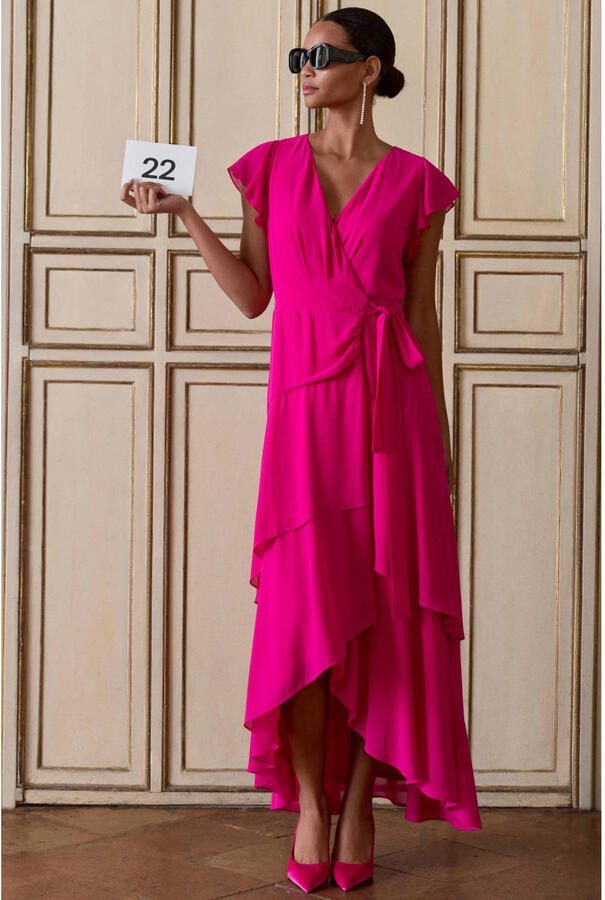 VILA maxi wikkeljurk met volant fuchsia - Foto 2