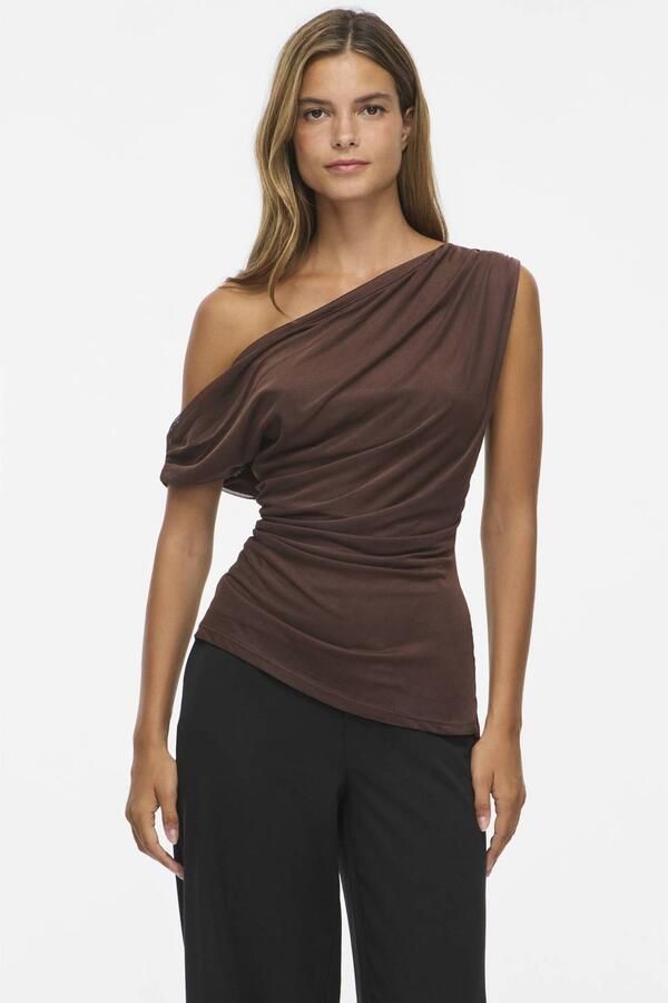 VILA off shoulder top met plooien bruin