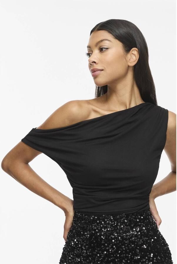 VILA off shoulder top met plooien zwart - Foto 2