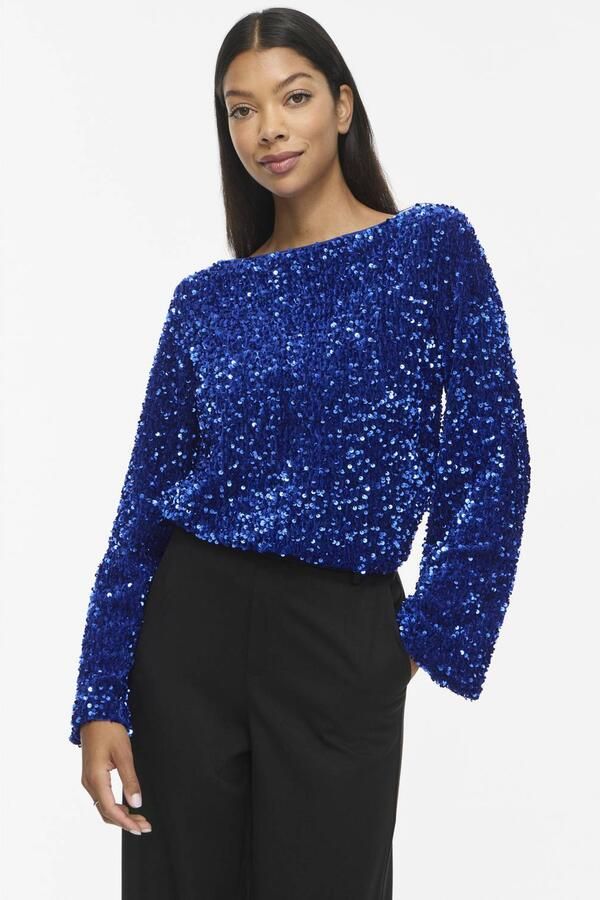 VILA rechtvallende top met pailletten blauw