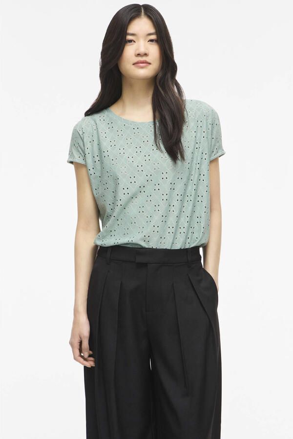 VILA regular fit broderie top grijsgroen
