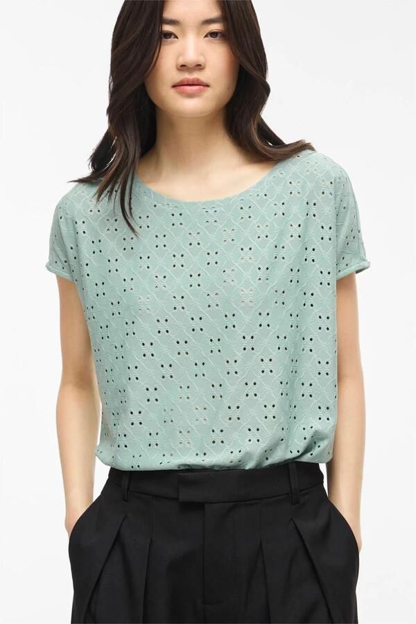 VILA regular fit broderie top grijsgroen - Foto 3