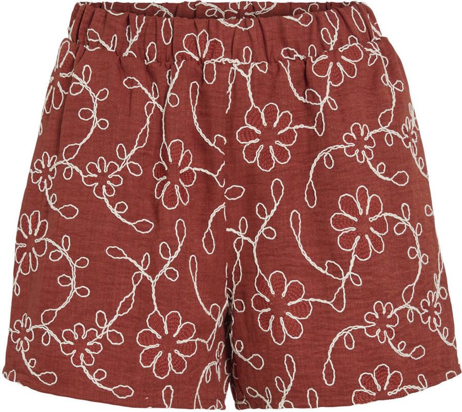 VILA regular fit casual gebloemde short met borduursels roodbruin