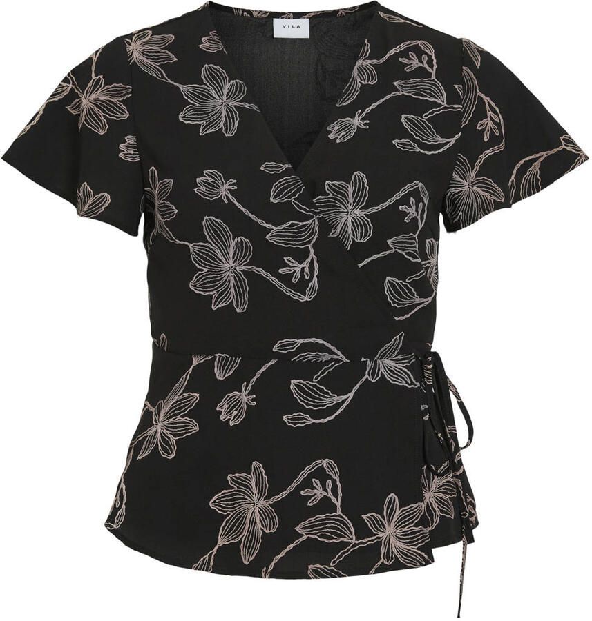 VILA regular fit gebloemde top zwart