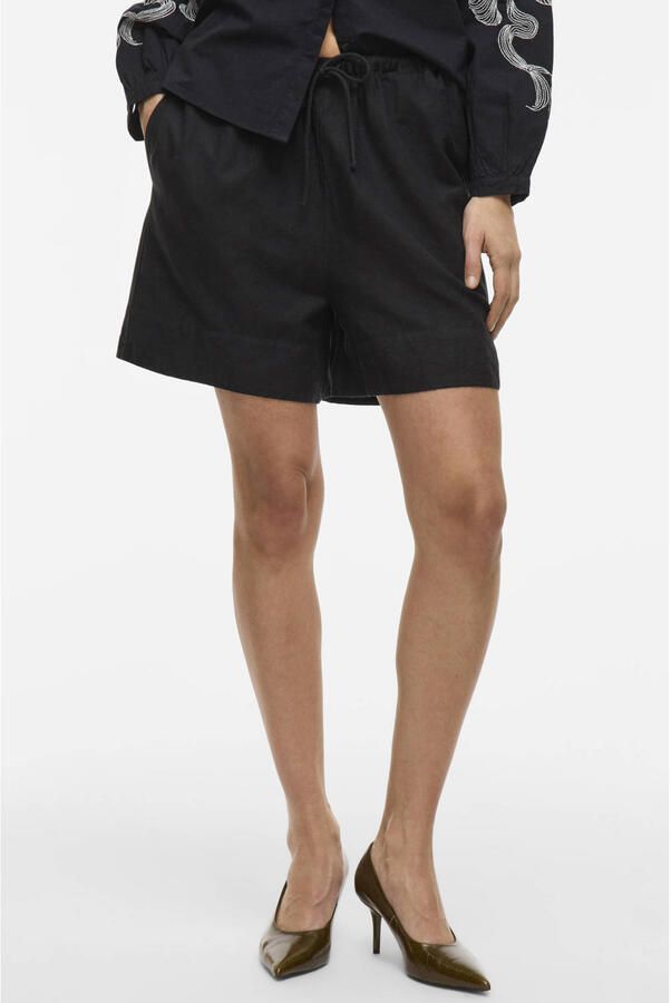 VILA regular high waist casual short met linnen zwart