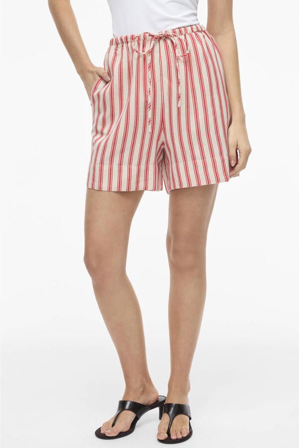 VILA regular high waist gestreepte casual short met linnen koraalrood
