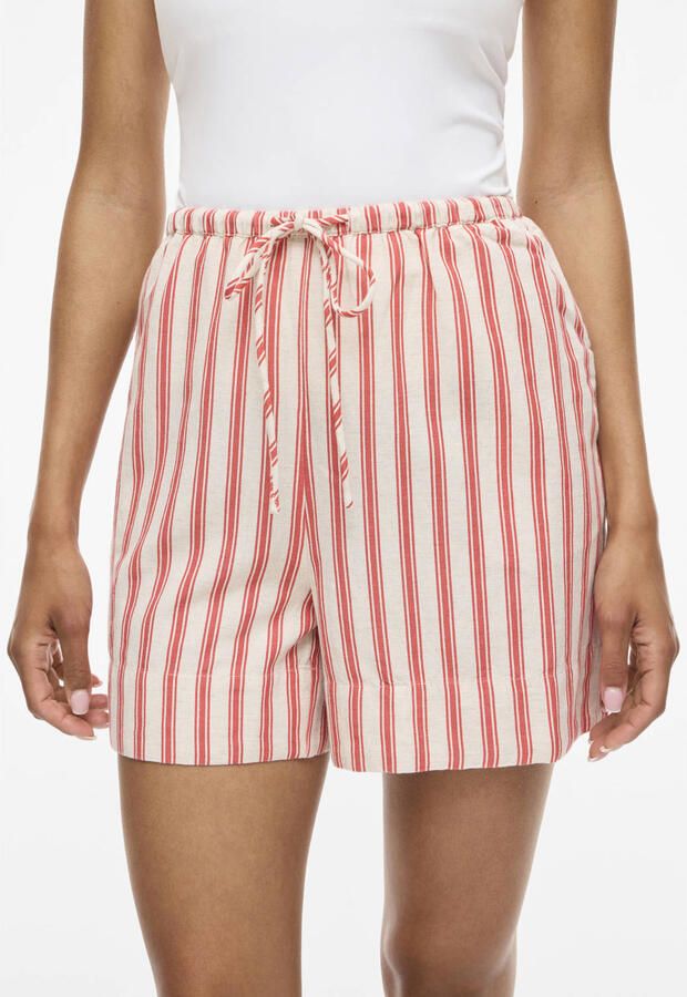 VILA regular high waist gestreepte casual short met linnen koraalrood - Foto 2