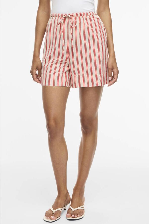 VILA regular high waist gestreepte casual short met linnen koraalrood - Foto 3