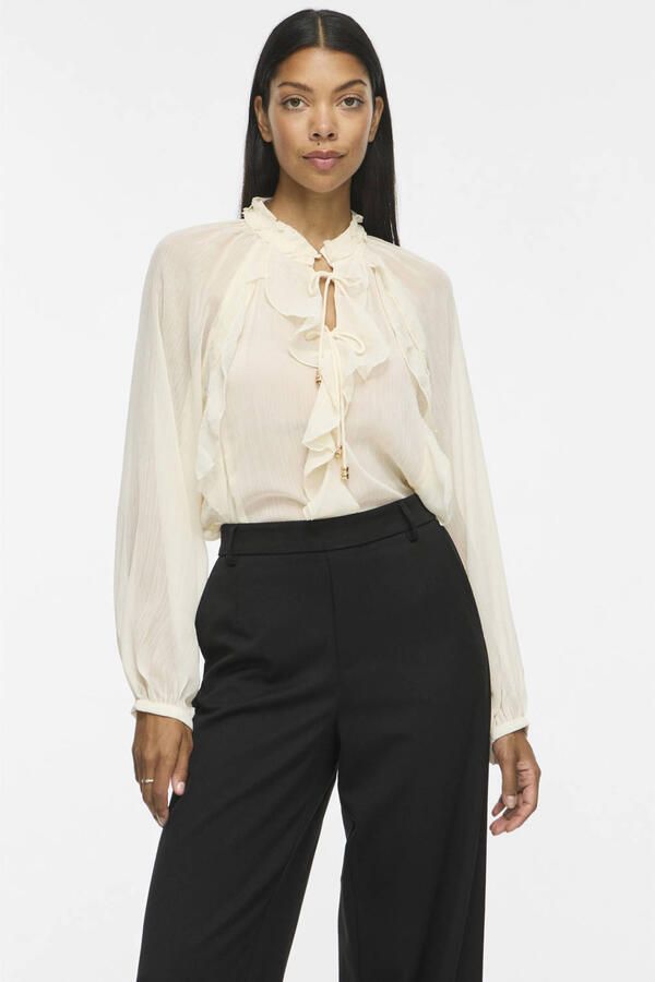 VILA relaxed fit top met ruches beige