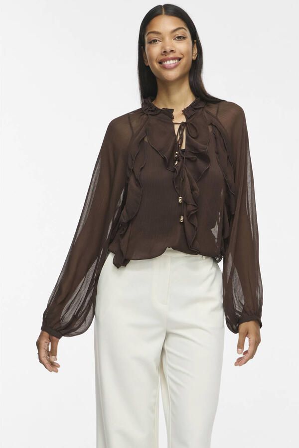 VILA relaxed fit top met ruches bruin - Foto 3
